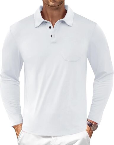 Casual Men's Long Sleeve Polo Shirt Dress Button Solid Color Collared Golf Tops with Pocket in Kuwait