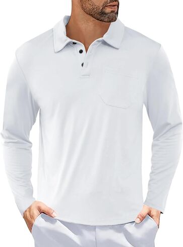 Casual Men's Long Sleeve Polo Shirt Dress Button Solid Color Collared Golf Tops with Pocket in Kuwait