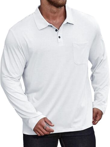 Casual Men's Long Sleeve Polo Shirt Dress Button Solid Color Collared Golf Tops with Pocket in Kuwait