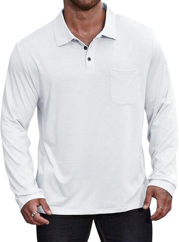 Casual Men's Long Sleeve Polo Shirt Dress Button Solid Color Collared Golf Tops with Pocket in Kuwait