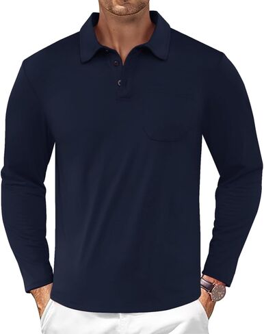 Casual Men's Long Sleeve Polo Shirt Dress Button Solid Color Collared Golf Tops with Pocket in Kuwait