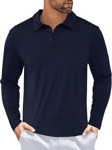 Casual Men's Long Sleeve Polo Shirt Dress Button Solid Color Collared Golf Tops with Pocket in Kuwait