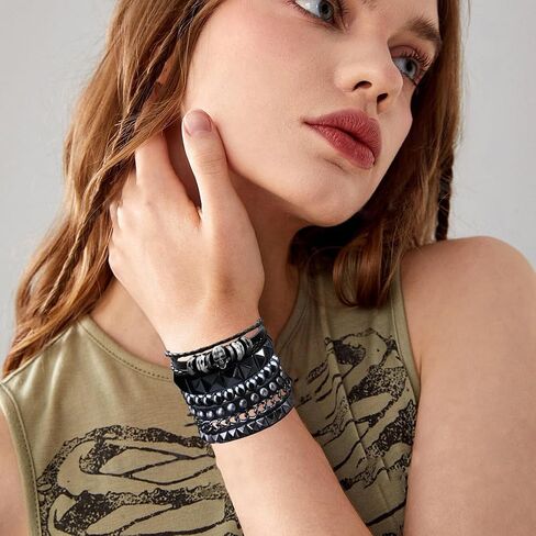 4 Pcs Leather Punk Rock Studded Bracelets Set for Men and Women 80s Adjustable Spike Cuff and Retro Emo Jewelry Accessories in Saudi Arabia