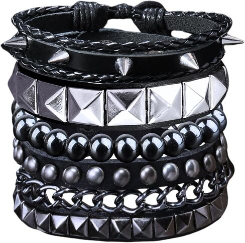 4 Pcs Leather Punk Rock Studded Bracelets Set for Men and Women 80s Adjustable Spike Cuff and Retro Emo Jewelry Accessories in Saudi Arabia
