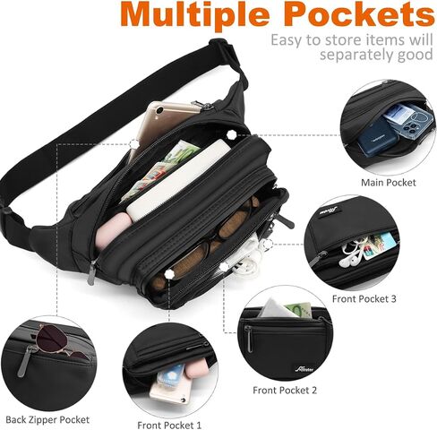 Fanny Pack for Men Women Waterproof Waist Pack Lightweight Belt Bag with 5-Zipper Pockets Crossbody Bag with Adjustable Strap for Sports Traveling Running Hiking (Black) in Saudi Arabia