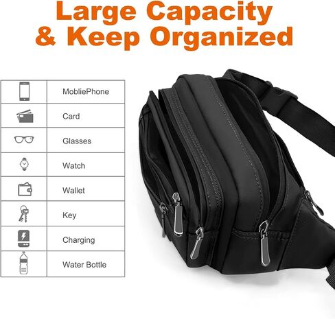 Fanny Pack for Men Women Waterproof Waist Pack Lightweight Belt Bag with 5-Zipper Pockets Crossbody Bag with Adjustable Strap for Sports Traveling Running Hiking (Black) in Saudi Arabia