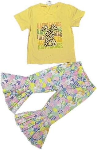 Girl Easter Outfit Short Sleeve Bunny T-Shir+Flared Bell Bottom Pants Easter Clothes 2-3T in Saudi Arabia