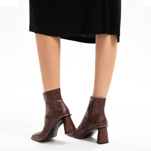 Womens Ankle Boots Zipper Chunky Mid Heel Boot Retro Square Pointed Toe Short Boots Heeled Shoes for Women Fall Winter in Kuwait