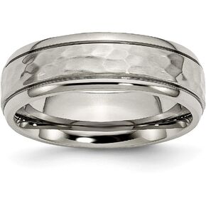Sonia Jewels Titanium 7mm Grooved Edge Hammered and Polished Wedding Band