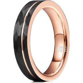 THREE KEYS JEWELRY Mens Womens Black Tungsten Rings 4mm 6mm 8mm Hammered Facet Silver Brushed with Rose Gold Stripe Wedding Bands