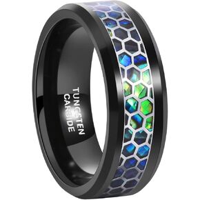 Hioleegi Work Wedding Bands for Men 8mm Tungsten Carbide Black Edge Colorful Jade Stone Inlay Honeycomb Sytle Mens Jewelry Men's Ring for All Occasions to Wear Comfort Fit