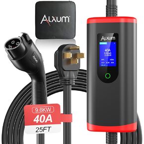 Alxum Level 2 EV Charger 9.6Kw 40A with NEMA 14-50 Plug - Portable EV Car Charger with 25ft Cable Support Adjustable Current and Timing Delay for J1772 Electric Car Home Charging Station UL Certified
