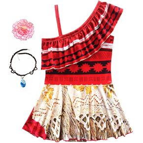 Girls' Swimwear One-Piece Swimsuit Digital Print Moana Adventure Bikini with Necklace and Flower
