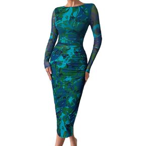 GOKATOSAU Women's Long Sleeve Tie Dye Bodycon Mesh Ruched Side Split Midi Dress