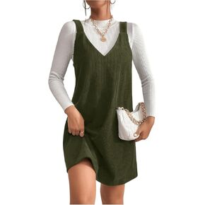 Women's V Neck Corduroy Pinafore Overall Dress Sleeveless Casual Short Jumper Dresses