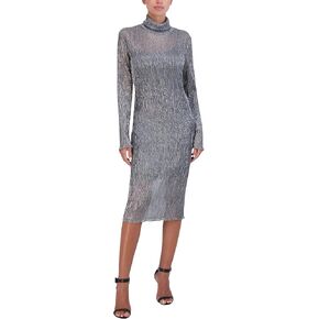 BCBGMAXAZRIA Women's Fitted Bodycon Midi Dress Long Sleeve Mock Neck Pleated Glitter Mesh