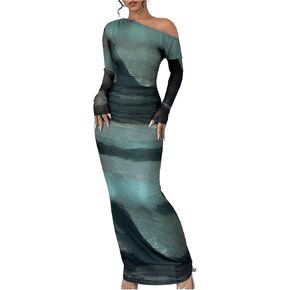 GORGLITTER Women's Tie Dye Ruched Mesh Maxi Dress Asymmetrical Neck Long Sleeve Bodycon Dresses