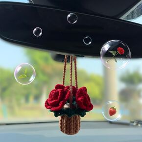 Crochet Car Air Freshener Empty Refillable Car Diffuser Bottle with Cute Potted Plants Car Mirror Hanging Accessories Long Lasting Car Air Hanging Fragrance Oil Diffuser