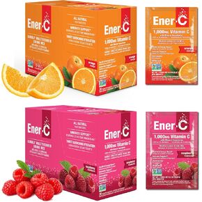 Ener-C Orange & Raspberry Multivitamin Drink Mix Powder Vitamin C 1000mg & Electrolytes with Real Fruit Juice Natural Energy & Immune Support for Women & Men - Non-GMO Vegan & Gluten Free - 60 Count