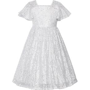 Uhnice Flower Girl Sequin Pearl Dress Flutter Sleeve Midi Dress Tulle Bow Back for Wedding Party