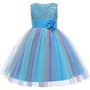 Flower Girls Sequin Mesh Tulle Rainbow Party Dress Princess Lace Ball Gown
