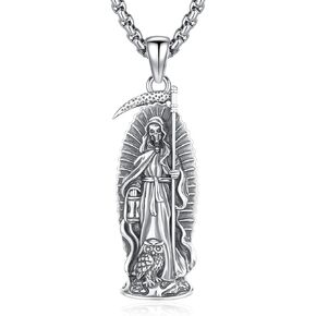 Eusense La Santa Muerte Necklace for Men Women - Gold 14K 925 Sterling Silver Jewelry Cadena De La Santa Muerte Pendant Grim Reaper Scythe Skull Owl Grim Reaper Necklace