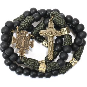 Nazareth Store Antique Bronze Metal Rugged Durable Paracord Rosary Necklace Black Matte Prayer Beads with Saint Medal and Crucifix