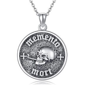 YAFEINI Vintage Memento Mori Necklace 925 Sterling Silver Memento Mori Pendant Skull Necklace Religion Jewelry Presents For Men Women