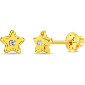 14k Yellow Gold Little 5mm Cubic Zirconia Star Screw Back Earrings Toddler Girls - Shiny Star Earrings with Safety Screw Back Locking for Infants & Children - Star Stud Earrings for Girls