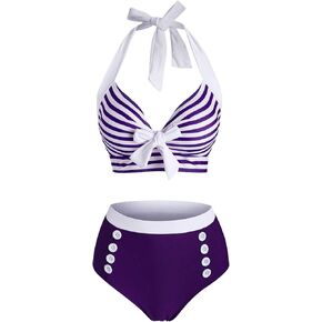DRESSFO Women's Bikini Set American Flag Halter Two Piece High Waisted Swimsuit Stripe Vintage Tummy Control Bathing Suit