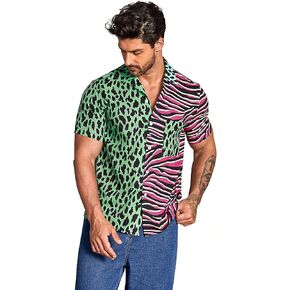 WDIRARA Men's Colorblock Leopard Short Sleeve Button Up Zebra Print Shirt Street Top