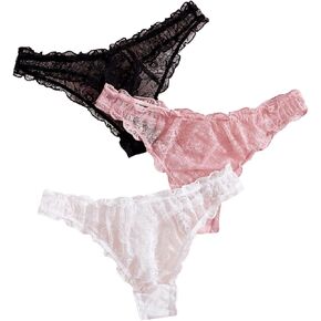 GORGLITTER Women's 3 Pack Lace Cheeky Panties Low Waisted Hipster Briefs Underwear Sexy G String Thongs