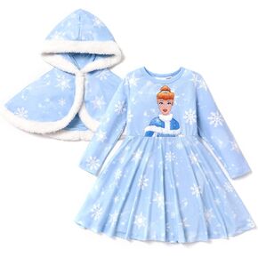 Disney Princess Frozen Elsa Toddler Girl Costume: Long Sleeve Dress and Hooded Short Cape Set for Birthday Party 2-6 Years