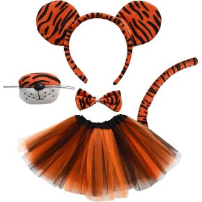 5 Pieces Kids Girls Tiger Costume Set Tiger Ear Headband Tail Nose Bow Tie Tutu Skirt for Halloween Cosplay Party