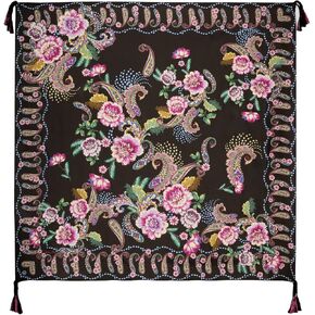 Johnny Was Camino Serra Silk Scarf Flowers Square Large Floral Tassels Black NEW