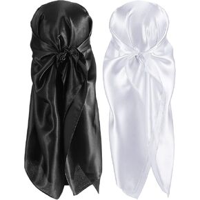 35 Inch Silk Head Scarf 2 Pcs Large Square Neck Scarf Sleeping Hair Wrapping Satin Scarf for Women (Black, White)