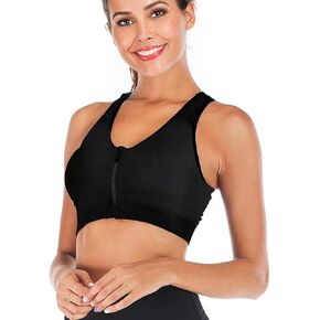 FLORATA Women's Sports Bra Wireless Post Surgery Bra Zip Front with Removable Pads Yoga Bra for Workout Fitness