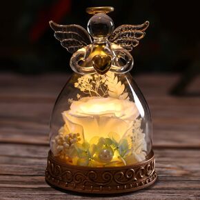 Angel Gifts for Women, Mom, Grandma, Preserved Real Rose in Glass Angel Figurine with LED Light, 1PSC Rose Gifts on Mother's Day, Christmas, Birthday, Valentine's Day (Yellow)