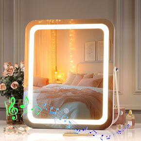 Hasipu LED Makeup Mirror with Bluetooth Speaker, 10" x 12" Vanity Mirror with Lights, Rounded Rectangle White Frame, 3 Modes Light, Smart Touch Control Dimmable, 360°Rotation