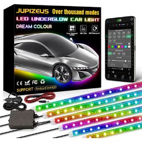Car Underglow LED Light, Music Sync, Over 1000 DIY Modes, IP68 Waterproof,300 LEDs, RGB 16 Million Colors Dream Color Chasing, App Bluetooth Control, 6 Pcs Exterior Strip Lights Kit, DC 12V