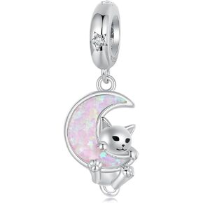 Pink Opal Moon Cat Charms 925 Sterling Silver Charms Pendant Fits Pandora Bracelet Necklace for Women