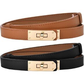 2PCS Women Skinny Leather Belt, Adjustable Fashion Slim Thin Waistband Alloy Turn Lock Buckle Belts for Dress Jeans Pants Coat, Classic Solid Color in Saudi Arabia