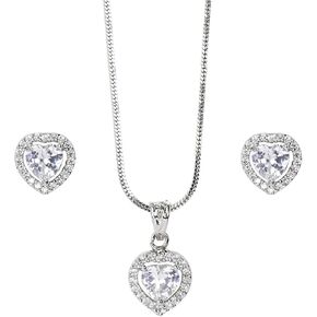Jewelry Luxury Pendant Gift Set for Women | Pendant with 2 Earrings, Option in 10 Design with Gold Silver Princess Cut Round Heart and Oval (Silver, Heart) One Size Multi