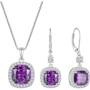 Princess Cut Jewelry Set for Women 925 Sterling Silver Amethyst February Birthstone Necklace Halo Dangle Drop Leverback Earrings Jewelry Gifts for Her