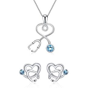 AOBOCO Sterling Silver Stethoscope Jewelry Nurse Necklace and Earrings Set with Simulated Aquamarine Birthstone Crystals from Austria, Medical Student RN Registered Nurse Gifts for Women