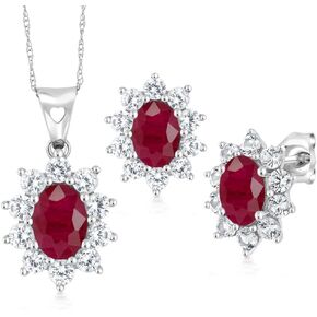Gem Stone King 10K White Gold Red Ruby Pendant and Earrings Jewelry Set For Women (3.42 Cttw, Gemstone Birthstone, Oval 7X5MM and 6X4MM)