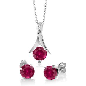 Gem Stone King 925 Sterling Silver Red Created Ruby and White Diamond Pendant and Earrings Jewelry Set For Women (3.05 Cttw, with 18 Inch Silver Chain)