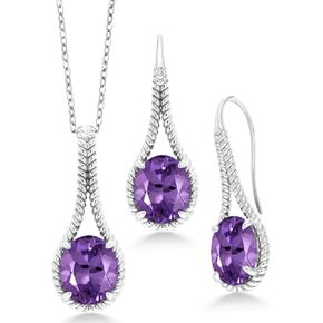 Gem Stone King 12.00 Cttw Purple Amethyst Pendant and Earrings Jewelry Set For Women In 925 Sterling Silver | Oval 12X10MM | Gemstone Birthstone | With 18 Inch Silver Chain
