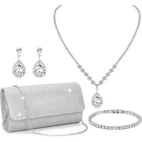 RIOSO 4Pcs Silver Jewelry Set for Women Evening Rhinestone Sparkly Clutch Purse Bag Necklace Earrings Bracelet Silver Formal Prom Costume Sets for Women Bride Wedding Jewelry