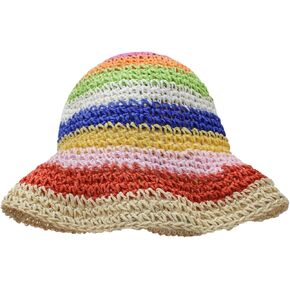FuninCrea Straw Bucket Hat, Rainbow Mesh Woven Sun Hat